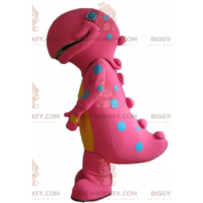 Costume de mascotte BIGGYMONKEY™ de gros dinosaure rose et jaune à pois bleus - Mascottes Dinosaure - BiggyMonkey.com