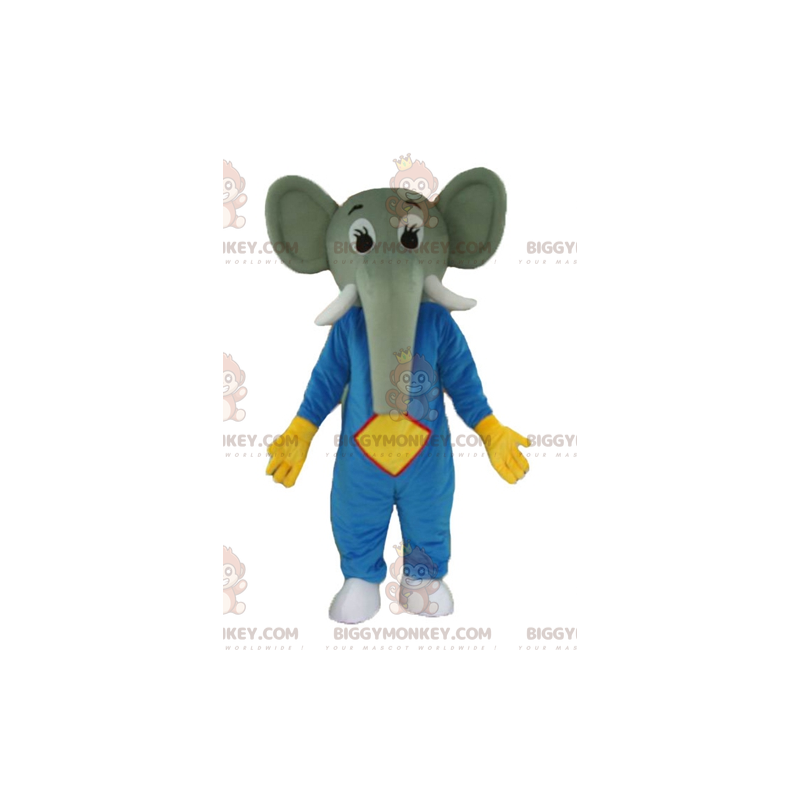 Costume de mascotte BIGGYMONKEY™ d'éléphant gris en tenue bleue Costume de mascotte BIGGYMONKEY™ d'éléphant gris en tenue bleue