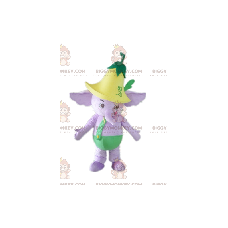 BIGGYMONKEY™ Maskottchenkostüm Lila Elefant im grünen Outfit BIGGYMONKEY™ Maskottchenkostüm Lila Elefant im grünen Outfit