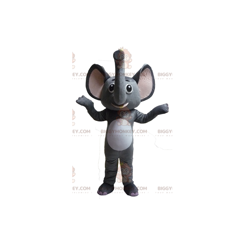 Divertido y peculiar disfraz de mascota de elefante gris y Divertido y peculiar disfraz de mascota de elefante gris y