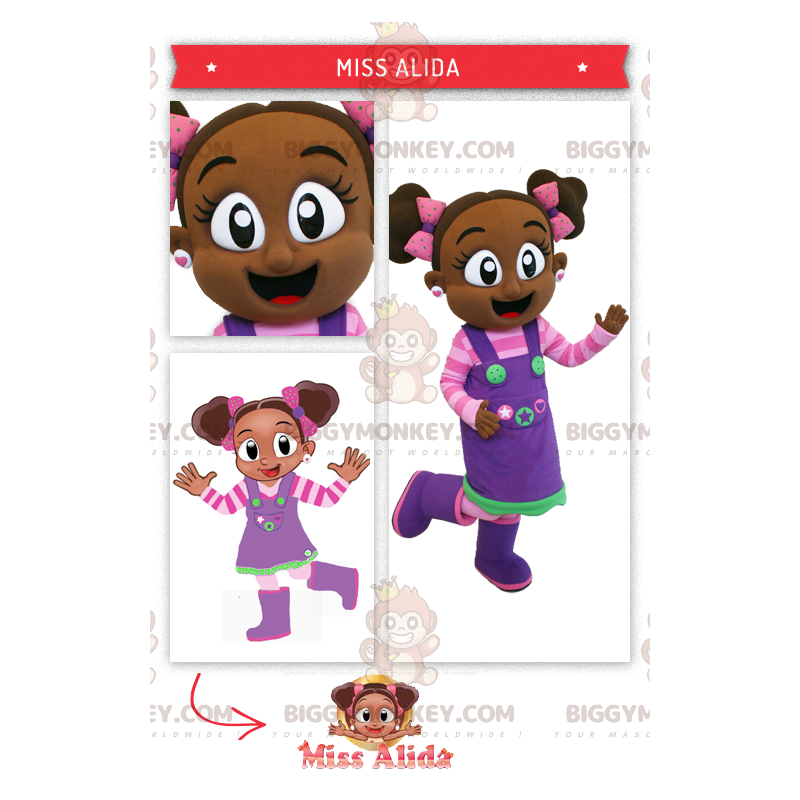 Afrikkalaisen tytön BIGGYMONKEY™ maskottiasu vaaleanpunaisessa Afrikkalaisen tytön BIGGYMONKEY™ maskottiasu vaaleanpunaisessa