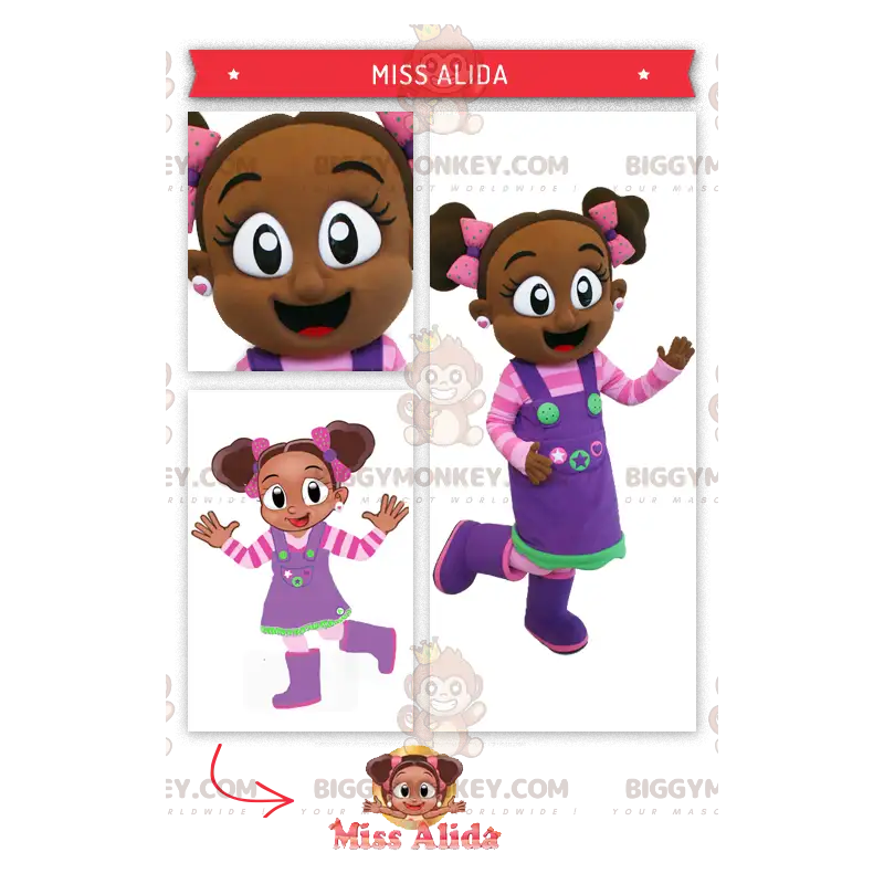 BIGGYMONKEY™ Mascottekostuum van Afrikaans meisje in roze en BIGGYMONKEY™ Mascottekostuum van Afrikaans meisje in roze en