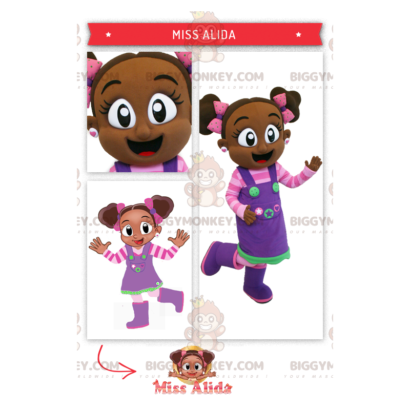 BIGGYMONKEY™ maskotkostume af afrikansk pige i pink og lilla