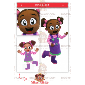 BIGGYMONKEY™ maskotkostume af afrikansk pige i pink og lilla