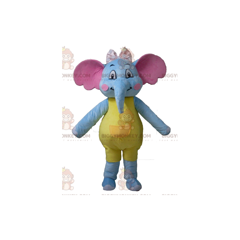 Costume de mascotte BIGGYMONKEY™ d'éléphant bleu jaune et rose Costume de mascotte BIGGYMONKEY™ d'éléphant bleu jaune et rose