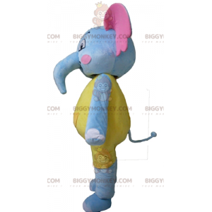 Fato de mascote BIGGYMONKEY™ sedutor e colorido azul amarelo e
