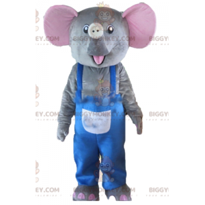 BIGGYMONKEY™ maskotkostume Grå og lyserød elefant med blå overalls - Elefantmasker - BIGGYMONKEY_02847 - BiggyMonkey.com