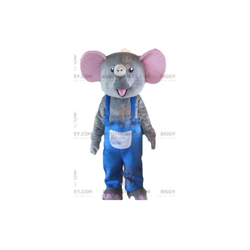 BIGGYMONKEY™ maskotkostume Grå og lyserød elefant med blå overalls - Elefantmasker - BIGGYMONKEY_02847 - BiggyMonkey.com