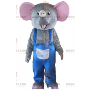 BIGGYMONKEY™ Mascottekostuum grijze en roze olifant met blauwe overall - Mascottes van olifanten - BiggyMonkey.com