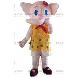 BIGGYMONKEY™ Mascot Costume of Pink Elephant in Yellow Dress