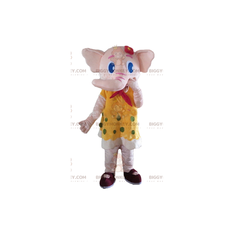 BIGGYMONKEY™ maskottiasu vaaleanpunaisesta norsusta keltaisessa BIGGYMONKEY™ maskottiasu vaaleanpunaisesta norsusta keltaisessa