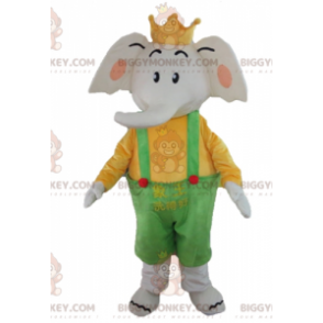 Kostým slona s maskotem BIGGYMONKEY™ ve žlutém a zeleném outfitu s korunou - Sloní maskoti - BIGGYMONKEY_02850 - BiggyMonkey.com