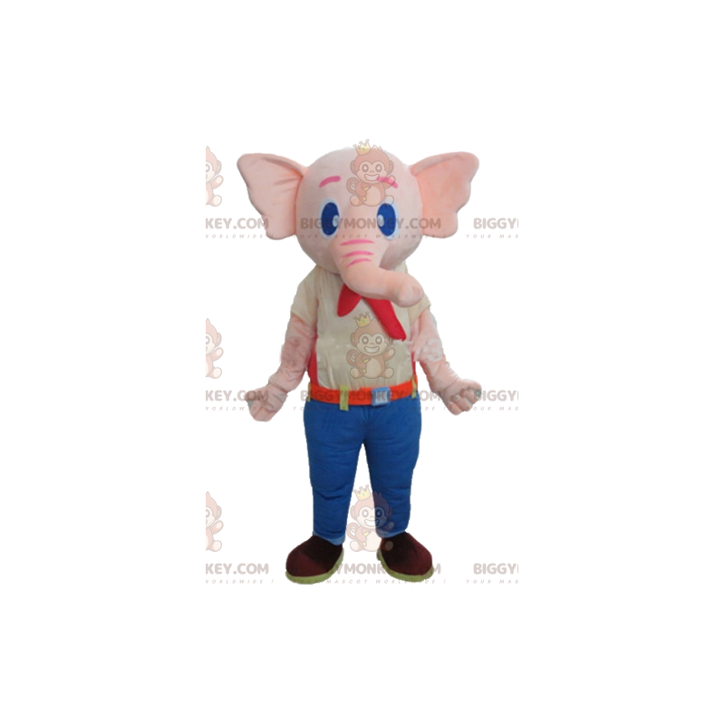 Rosa Elefant BIGGYMONKEY™ Maskottchen-Kostüm mit buntem Outfit Rosa Elefant BIGGYMONKEY™ Maskottchen-Kostüm mit buntem Outfit