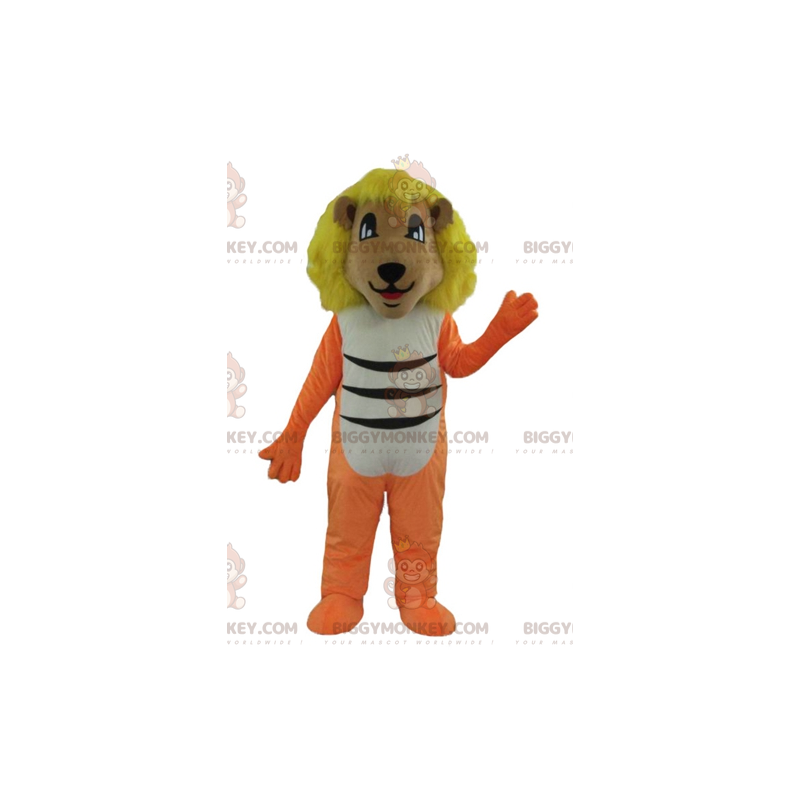 Costume de mascotte BIGGYMONKEY™ de lion orange blanc et noir Costume de mascotte BIGGYMONKEY™ de lion orange blanc et noir
