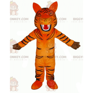 Traje de mascote BIGGYMONKEY™ de tigre laranja e preto rugindo