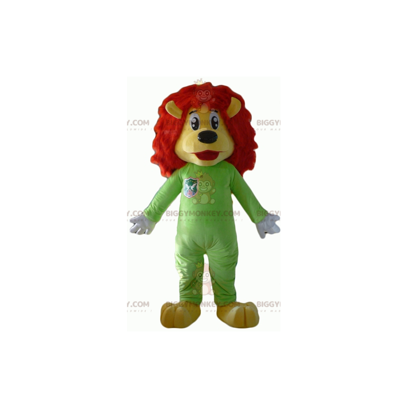 BIGGYMONKEY™ mascottekostuum gele en rode leeuw met groene jumpsuit - Lion mascottes - BIGGYMONKEY_02875 - BiggyMonkey.com