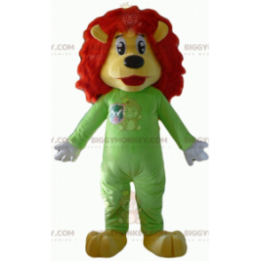 BIGGYMONKEY™ mascottekostuum gele en rode leeuw met groene jumpsuit - Lion mascottes - BIGGYMONKEY_02875 - BiggyMonkey.com