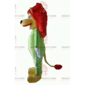 BIGGYMONKEY™ Maskotdräkt Gul & Röd Lejon med grön Jumpsuit - Lion maskot - BIGGYMONKEY_02875 - BiggyMonkey.com