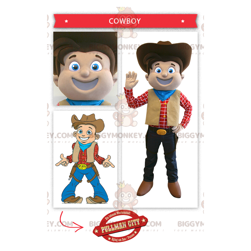 Smilende cowboy BIGGYMONKEY™ maskotkostume - Biggymonkey.com Smilende cowboy BIGGYMONKEY™ maskotkostume - Biggymonkey.com