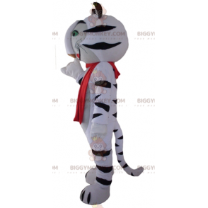 BIGGYMONKEY™ maskotkostume Hvid og sort tiger med rødt tørklæde