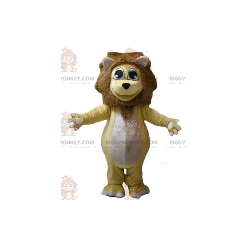 Costume de mascotte BIGGYMONKEY™ de lion jaune blanc et marron Costume de mascotte BIGGYMONKEY™ de lion jaune blanc et marron