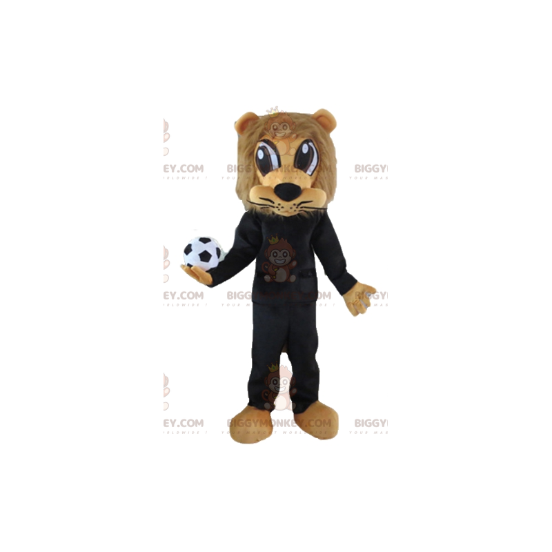 BIGGYMONKEY™ maskottiasu Ruskea leijona mustassa urheiluasussa BIGGYMONKEY™ maskottiasu Ruskea leijona mustassa urheiluasussa