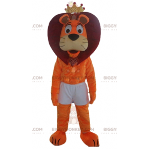 Disfraz de mascota BIGGYMONKEY™ León naranja y rojo con pantalones cortos y corona - Mascotas de león - BiggyMonkey.com