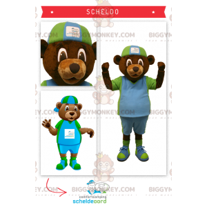BIGGYMONKEY™ Maskottchen-Kostüm des Braunbären im grün-blauen Outfit