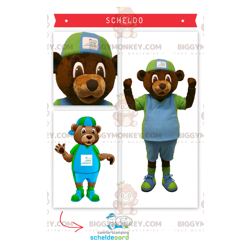 BIGGYMONKEY™ maskotkostume af brun bjørn i grønt og blåt outfit