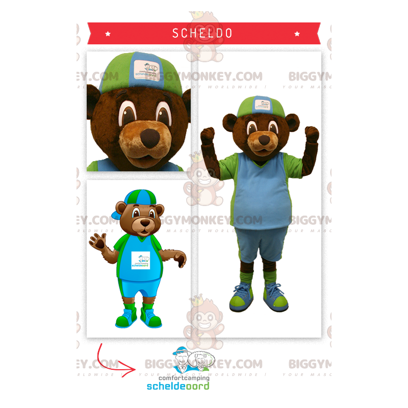 BIGGYMONKEY™ maskotkostume af brun bjørn i grønt og blåt outfit BIGGYMONKEY™ maskotkostume af brun bjørn i grønt og blåt outfit