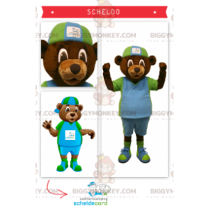 BIGGYMONKEY™ Maskottchen-Kostüm des Braunbären im grün-blauen