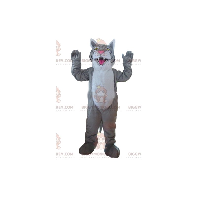 Costume de mascotte BIGGYMONKEY™ de tigre gris blanc et noir Costume de mascotte BIGGYMONKEY™ de tigre gris blanc et noir