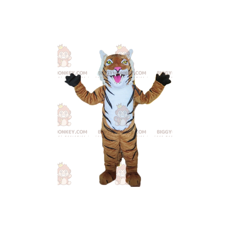 Traje de mascote marrom tigre branco e preto BIGGYMONKEY™ – Traje de mascote marrom tigre branco e preto BIGGYMONKEY™ –