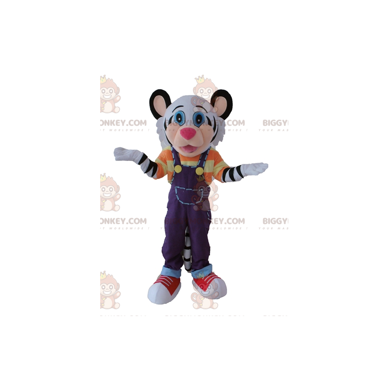Disfraz de mascota BIGGYMONKEY™ de tigre blanco y negro con atuendo colorido - Mascotas tigre - BiggyMonkey.com