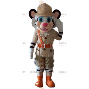 BIGGYMONKEY™ Mascot Costume White & Black Tiger In Explorer