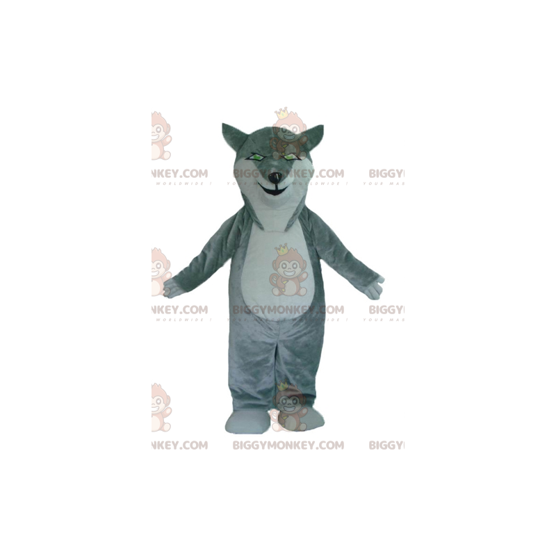 BIGGYMONKEY™ Maskotdräkt Grå och vit varg med gröna ögon - BIGGYMONKEY™ Maskotdräkt Grå och vit varg med gröna ögon -