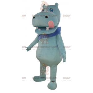 BIGGYMONKEY™ Mascot Costume Blue Hippo with Big Pink Tongue -