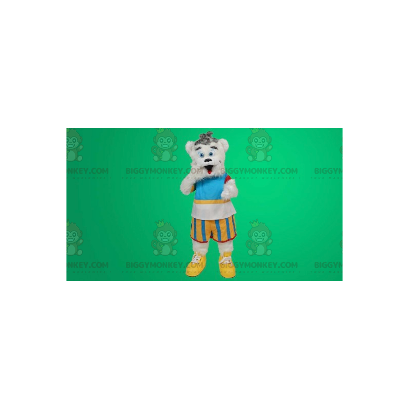 Valkoinen Teddy BIGGYMONKEY™ maskottiasu värikkäässä asussa - Valkoinen Teddy BIGGYMONKEY™ maskottiasu värikkäässä asussa -