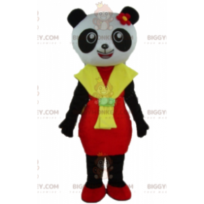BIGGYMONKEY™ maskotkostyme av svart og hvit panda med rød og gul kjole - Pandas-maskot - BIGGYMONKEY_02951 - BiggyMonkey.com