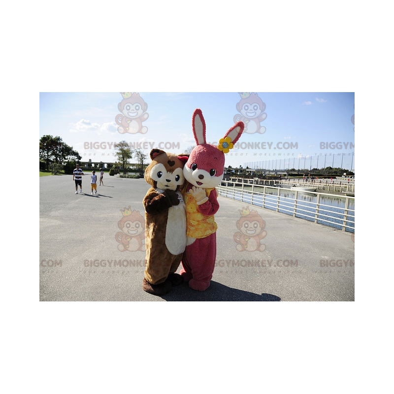 BIGGYMONKEY™ Pink Rabbit and Brown Guinea Pig Mascot Costume -