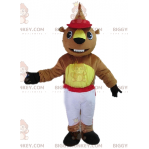 BIGGYMONKEY™ Mascot Costume of Brown and Yellow Beaver in White