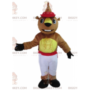 BIGGYMONKEY™ maskotkostyme av brun og gul bever i hvitt og rødt antrekk - Skogsdyr - BIGGYMONKEY_02961 - BiggyMonkey.com