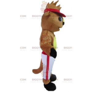 BIGGYMONKEY™ maskotkostyme av brun og gul bever i hvitt og rødt antrekk - Skogsdyr - BIGGYMONKEY_02961 - BiggyMonkey.com