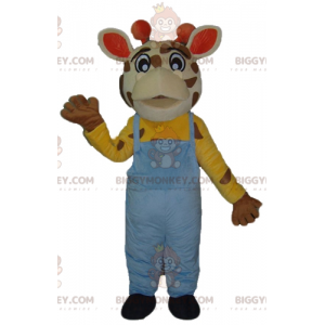 Giraffen-BIGGYMONKEY™-Maskottchen-Kostüm mit blauem Overall -