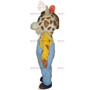 Giraffen-BIGGYMONKEY™-Maskottchen-Kostüm mit blauem Overall -