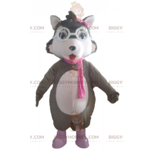 BIGGYMONKEY™ Hvid og lyserød grå ulvemaskotkostume med briller