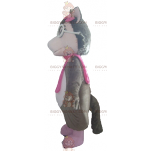 Kostým maskota BIGGYMONKEY™ bílého a růžového šedého vlka s brýlemi - Vlk maskoti - BIGGYMONKEY_02972 - BiggyMonkey.com