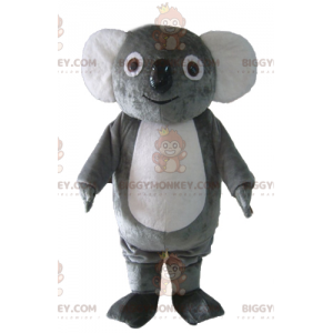 Disfraz de mascota de koala gris y blanco regordete suave y