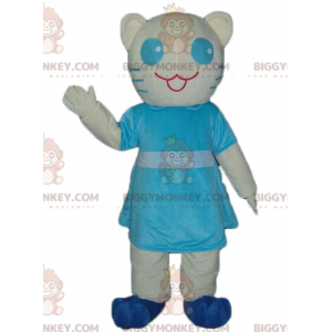 Λευκή και μπλε στολή μασκότ γάτας BIGGYMONKEY™ με μπλε φόρεμα -
