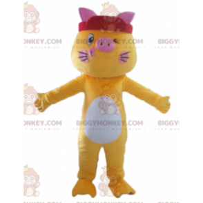 Rolig färgglad vit och rosa gul katt BIGGYMONKEY™ maskotdräkt -